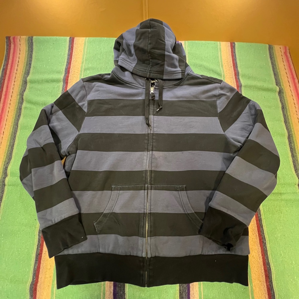 Unionfree Zip Up Hoodie Mens XL Blue Black Striped Sherpa Lined Goth Grunge Emo